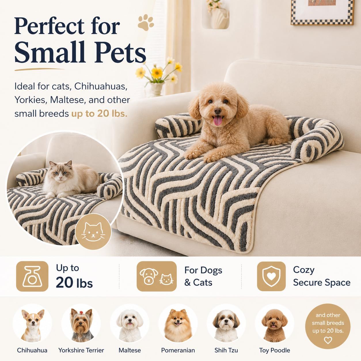 Calming Dog Bed Mats, Couch Bed Mat, Soft Flannel 3-Sided Bolster Pet Sofa Bed view 5