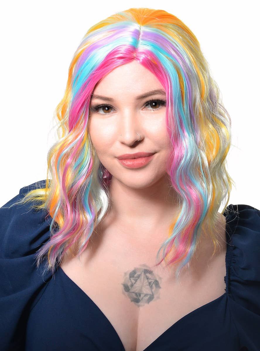Pastel Rainbow Wavy Mid Length Womens Costume Wig