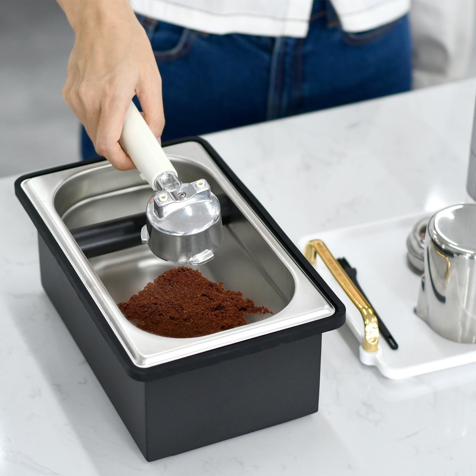 Espresso Knock Box,Stainless Steel Coffee Pucks Container, with Steel Holder view 3