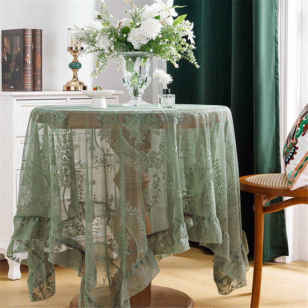 Green Floral Embroidered Lace Square Tablecloth 55”x55” Vintage Table Cover (Green
