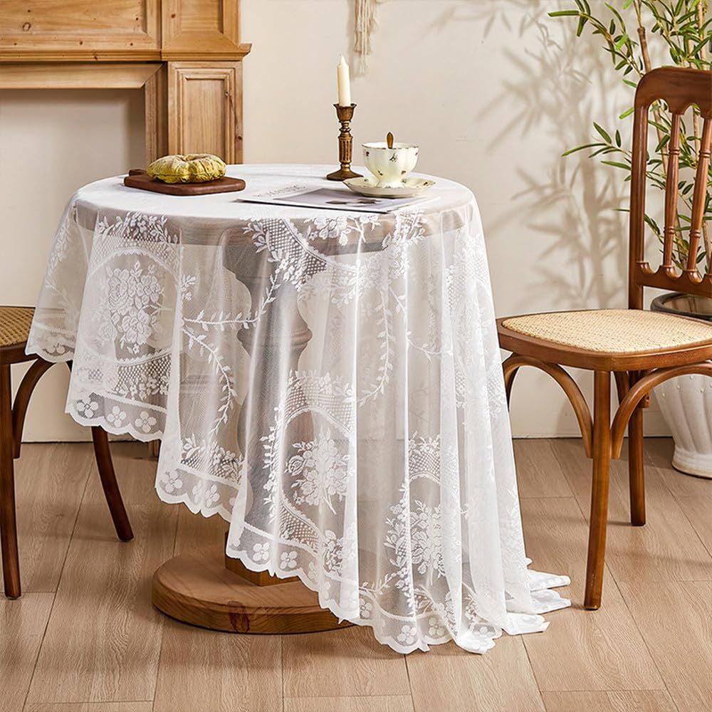 Vintage White Lace Tablecloth for Wedding Party Banquet Farmhouse Floral view 2