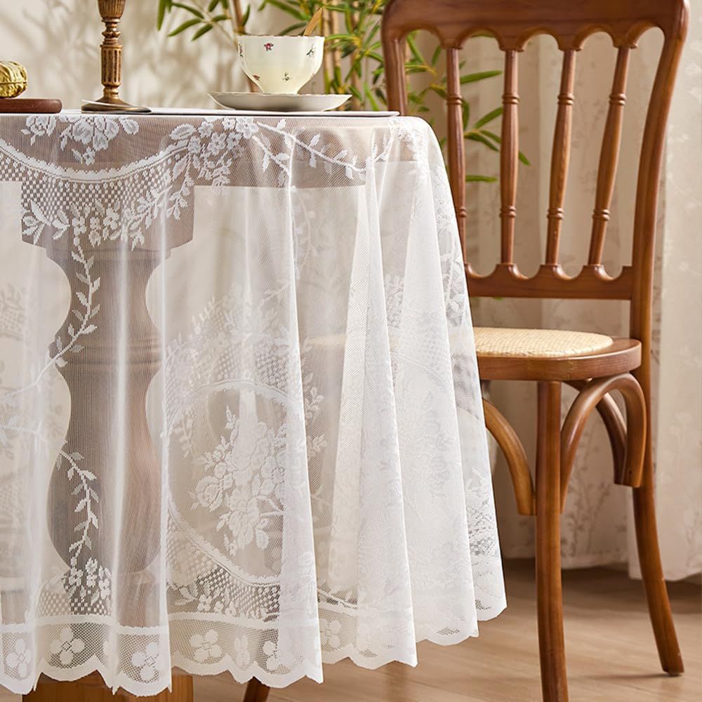 Vintage White Lace Tablecloth for Wedding Party Banquet Farmhouse Floral view 3