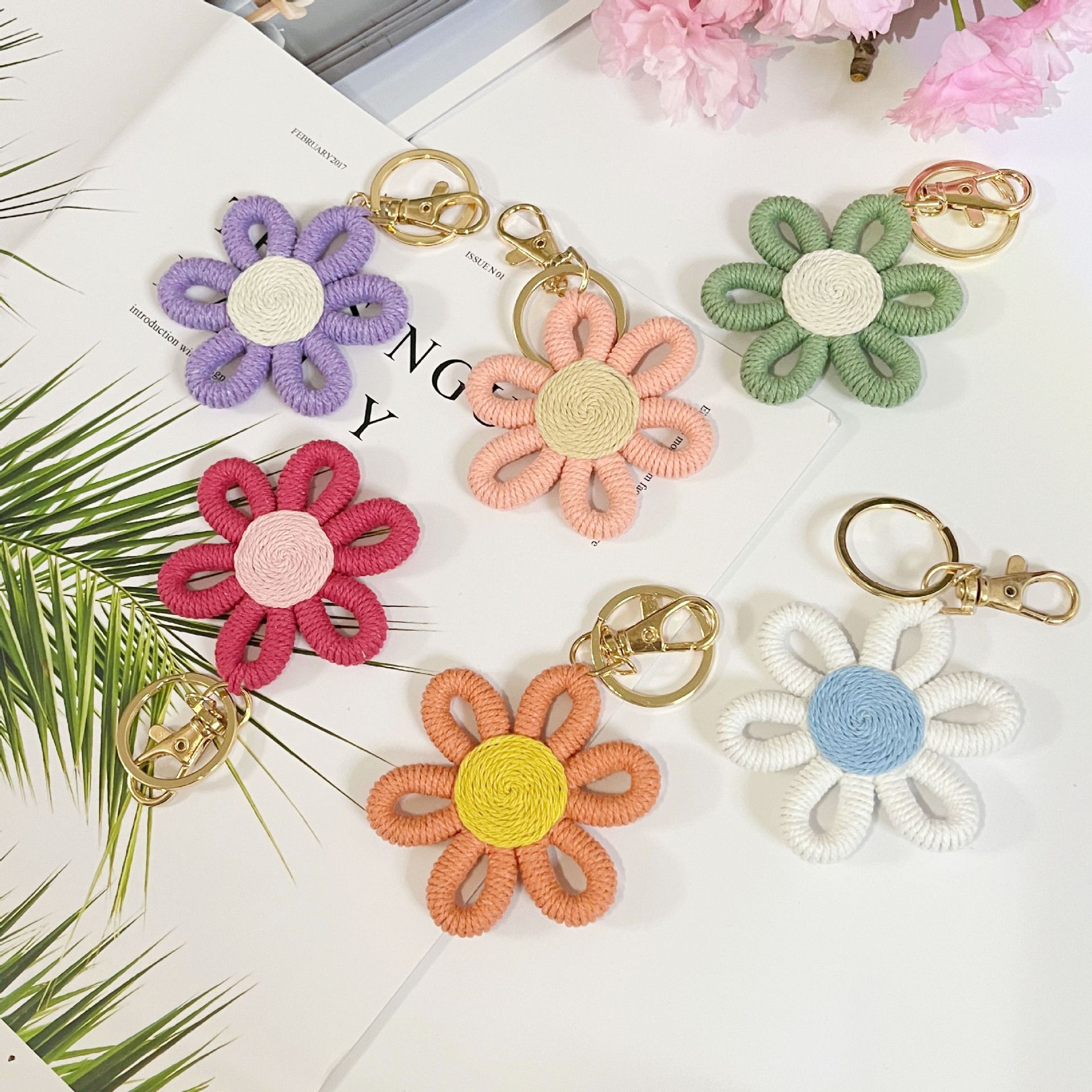12 Pcs Daisy Party Favors Boho Woven Flowers Keychains Daisy Keychain for Boho view 5