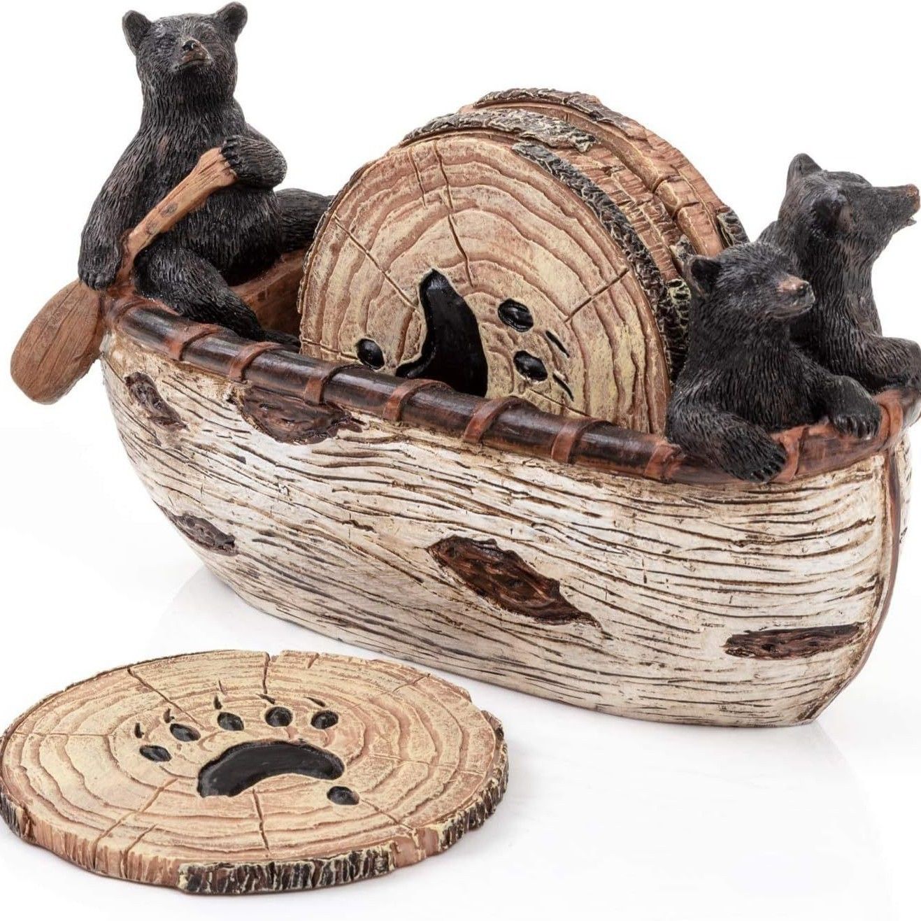 Bear Coasters Set of 6 Full Size Rustic Coasters in Handmade Canoe with