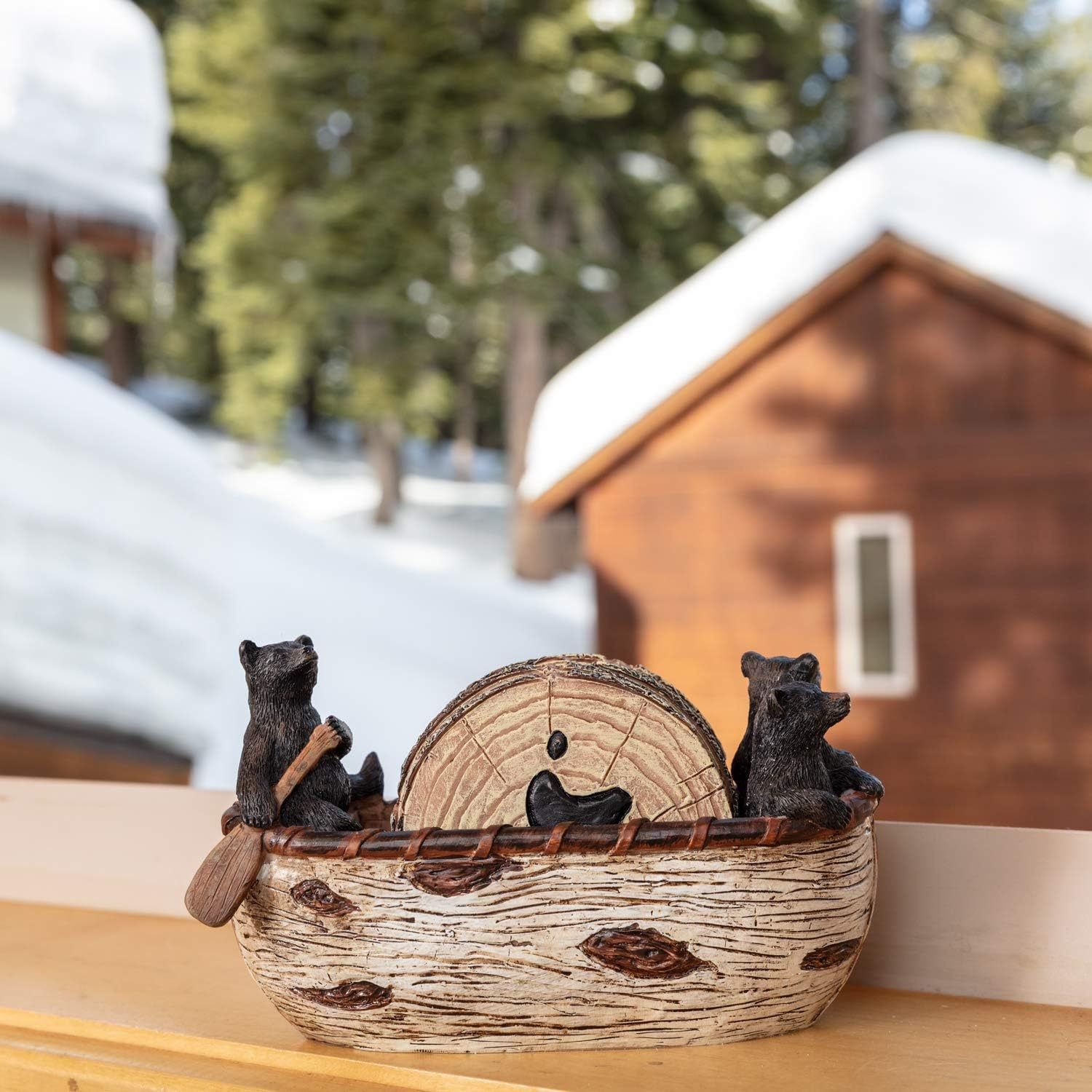 Bear Coasters Set of 6 Full Size Rustic Coasters in Handmade Canoe with view 2