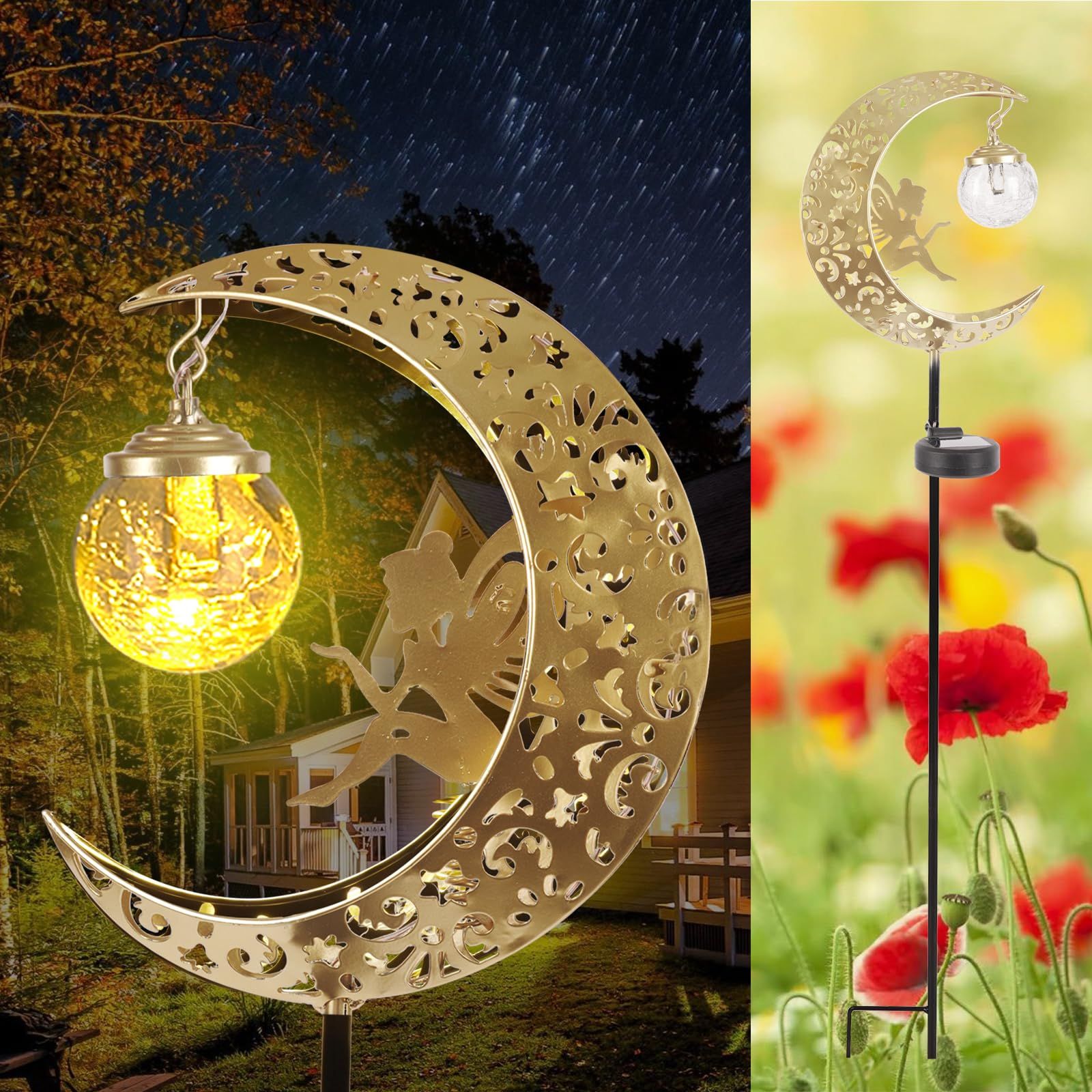 Solar Lights Outdoor Waterproof Fairy Moon Crackle Glass Lights with Metal view 2