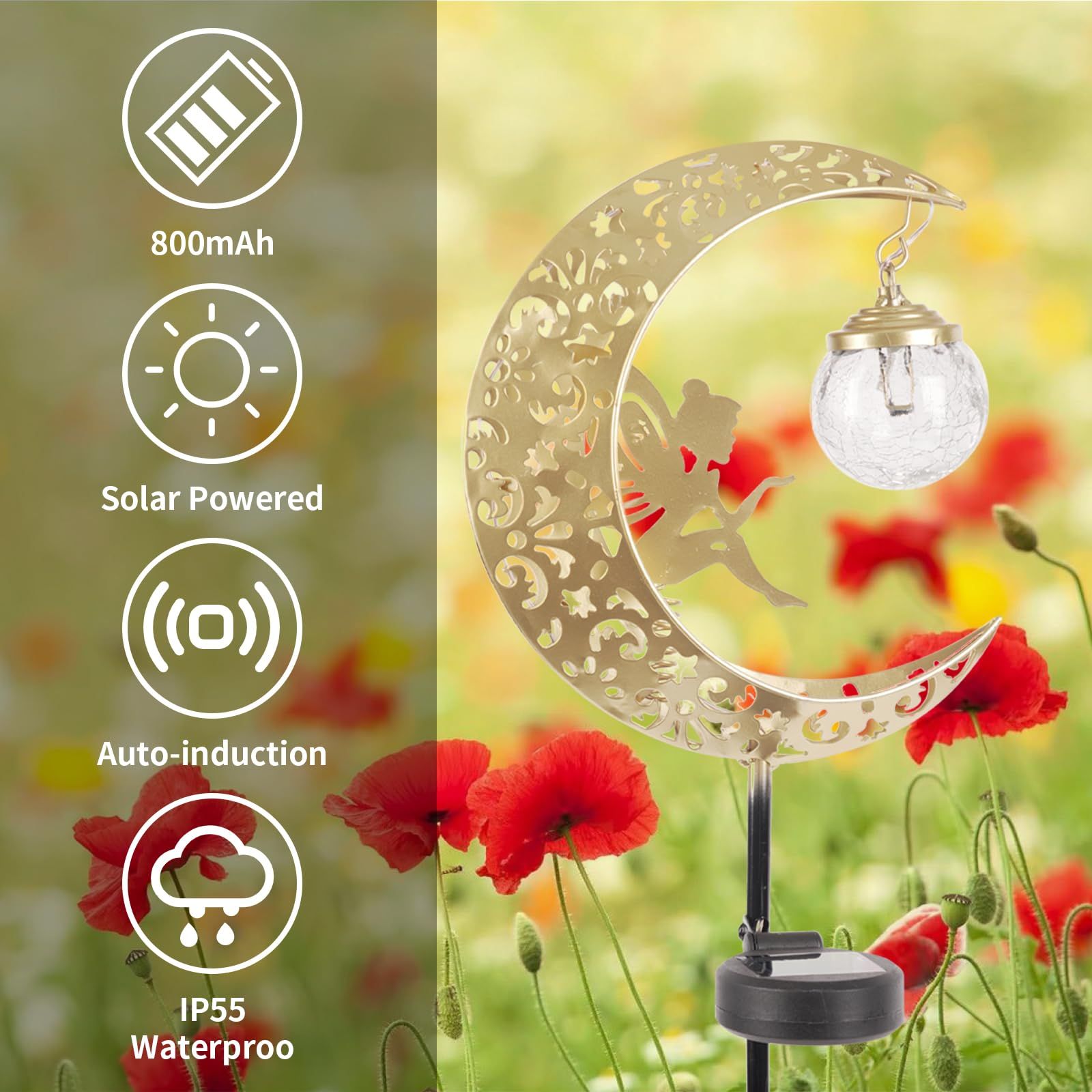 Solar Lights Outdoor Waterproof Fairy Moon Crackle Glass Lights with Metal view 3