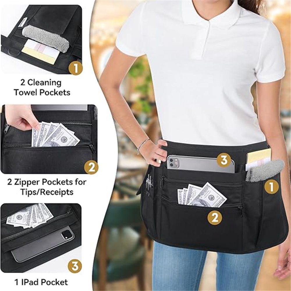 Waitress Apron with 7 Pockets — Black Half Bib with Zippers & Adjustable Belt view 4