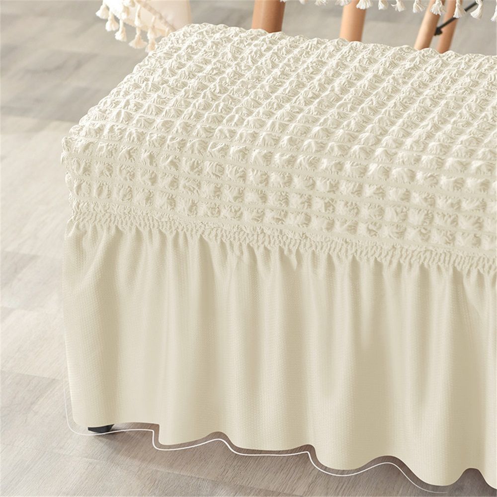 Dining Bench Cover with Skirt 32-47 inch Length Beige Stretch Seersucker Bench view 2