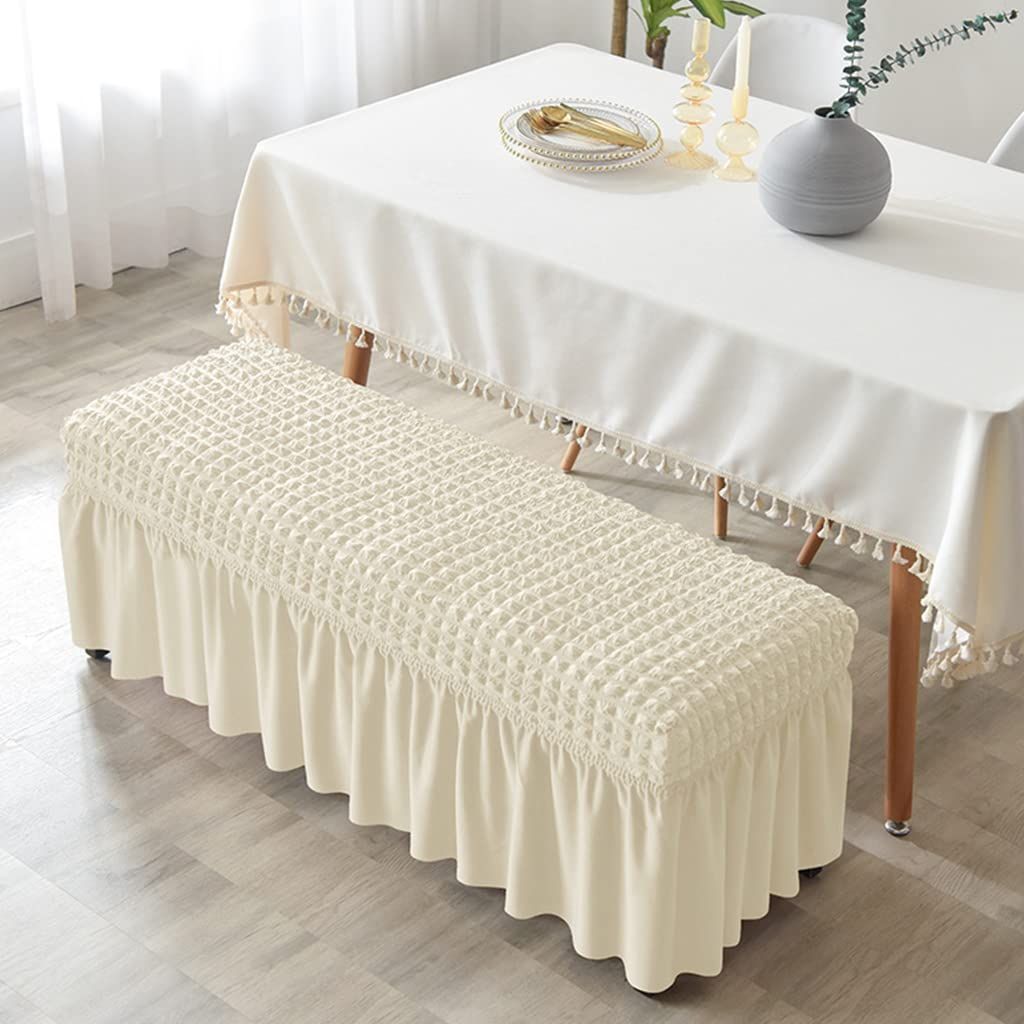 Dining Bench Cover with Skirt 32-47 inch Length Beige Stretch Seersucker Bench view 4