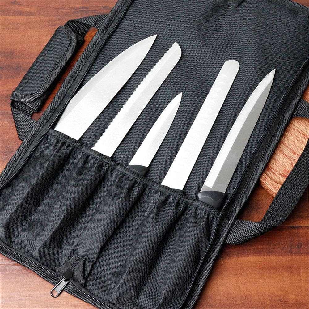 5 Pocket Chef Knife Case Roll Bag Bi-Fold (Black) Lightweight - Durable view 3
