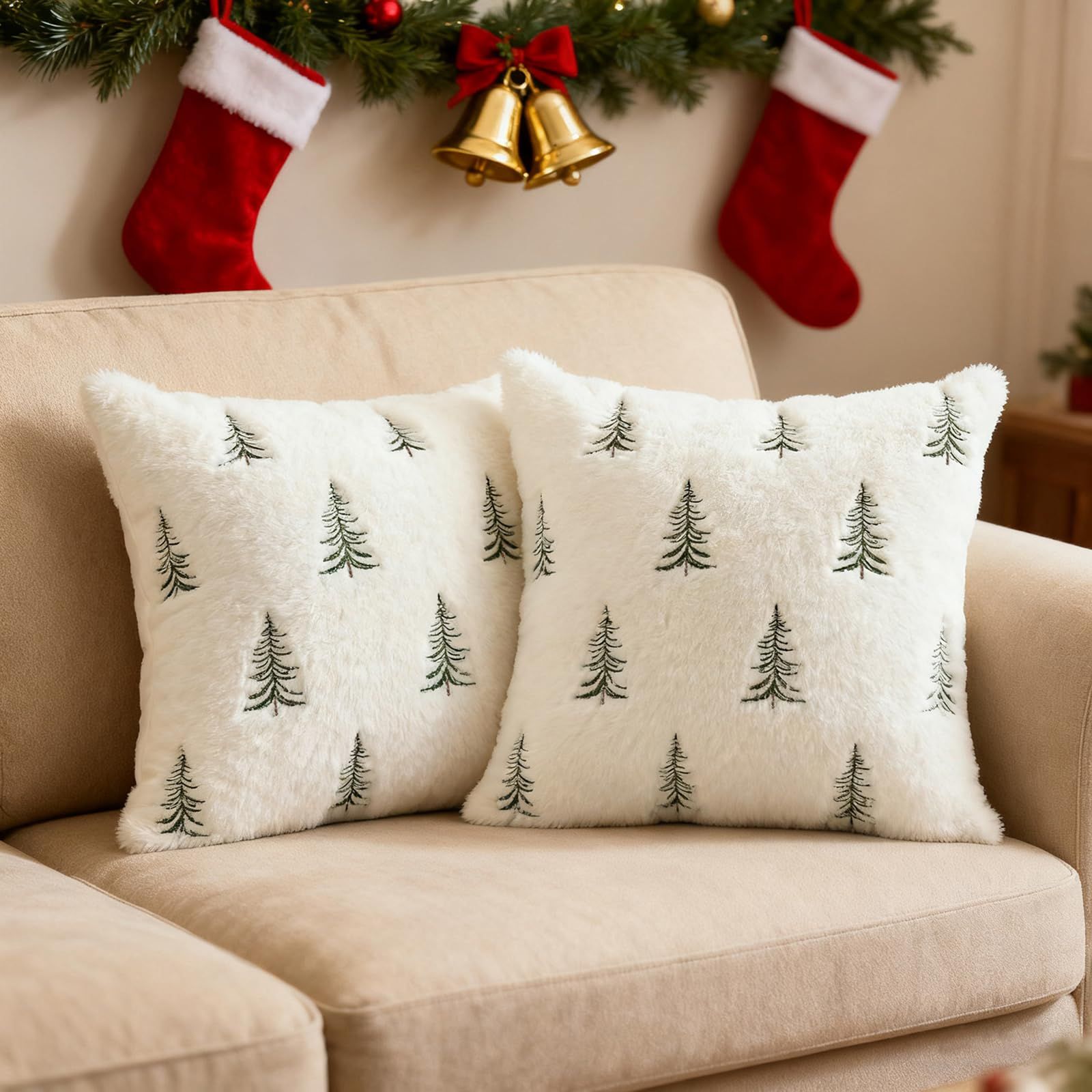 Christmas Pillow Covers 18x18 inch Set of 2 Green Embroidered Christmas Tree view 2