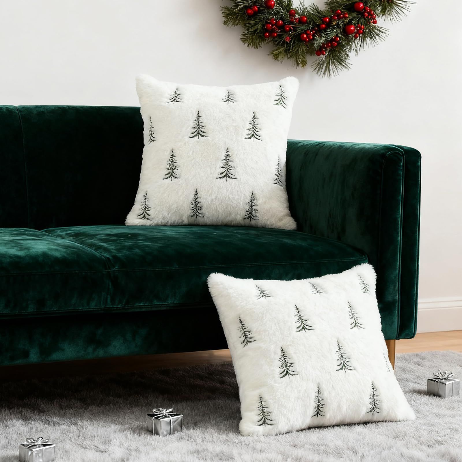 Christmas Pillow Covers 18x18 inch Set of 2 Green Embroidered Christmas Tree view 3