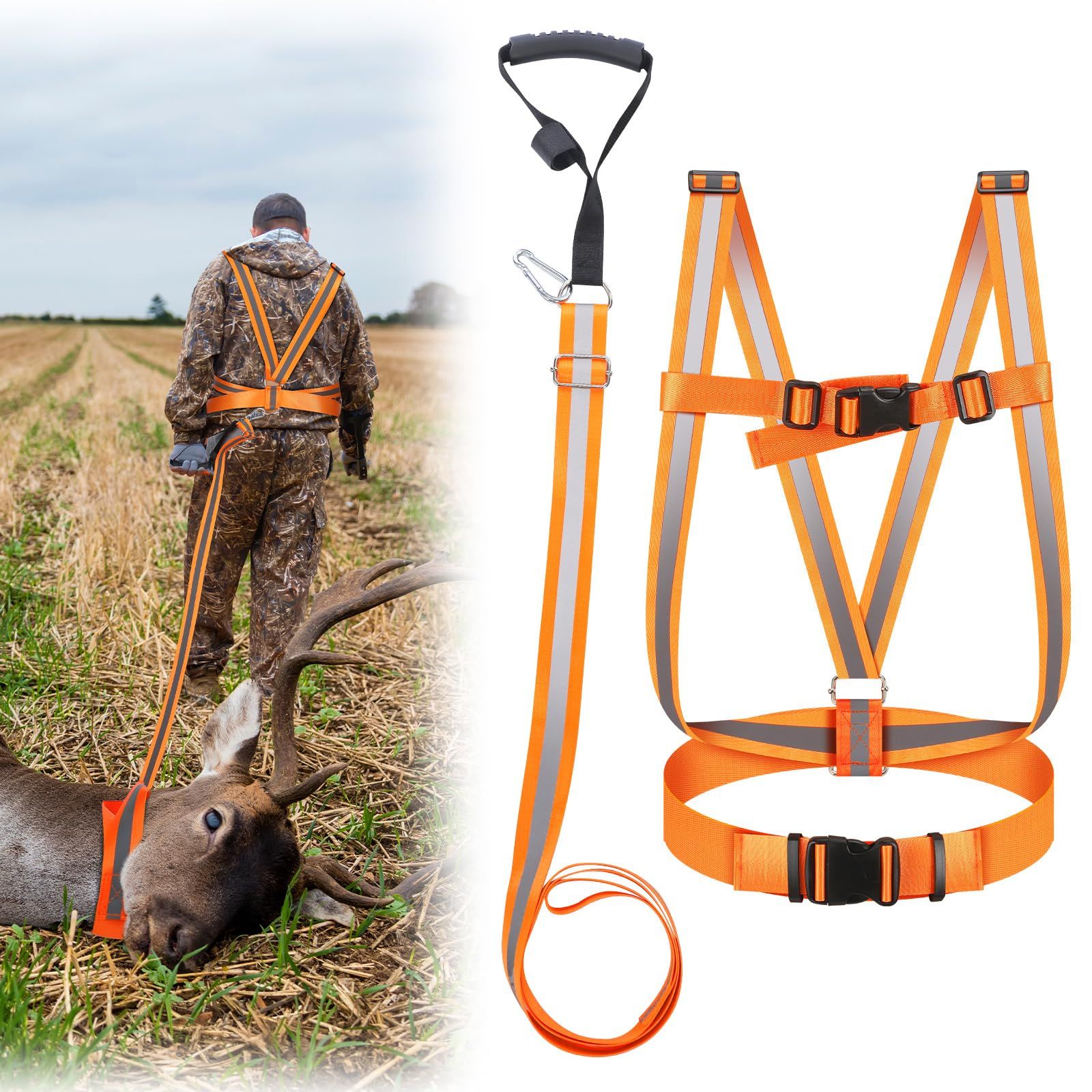 Deer Drag Strap and Dual Harness with Reflective Strips Heavy Duty Deer