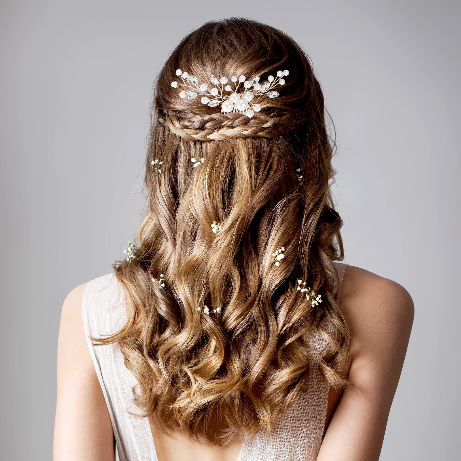 2 Pieces Wedding Pearl Hair Comb Bride Pearl Crystal Headpiece Flower Side view 2