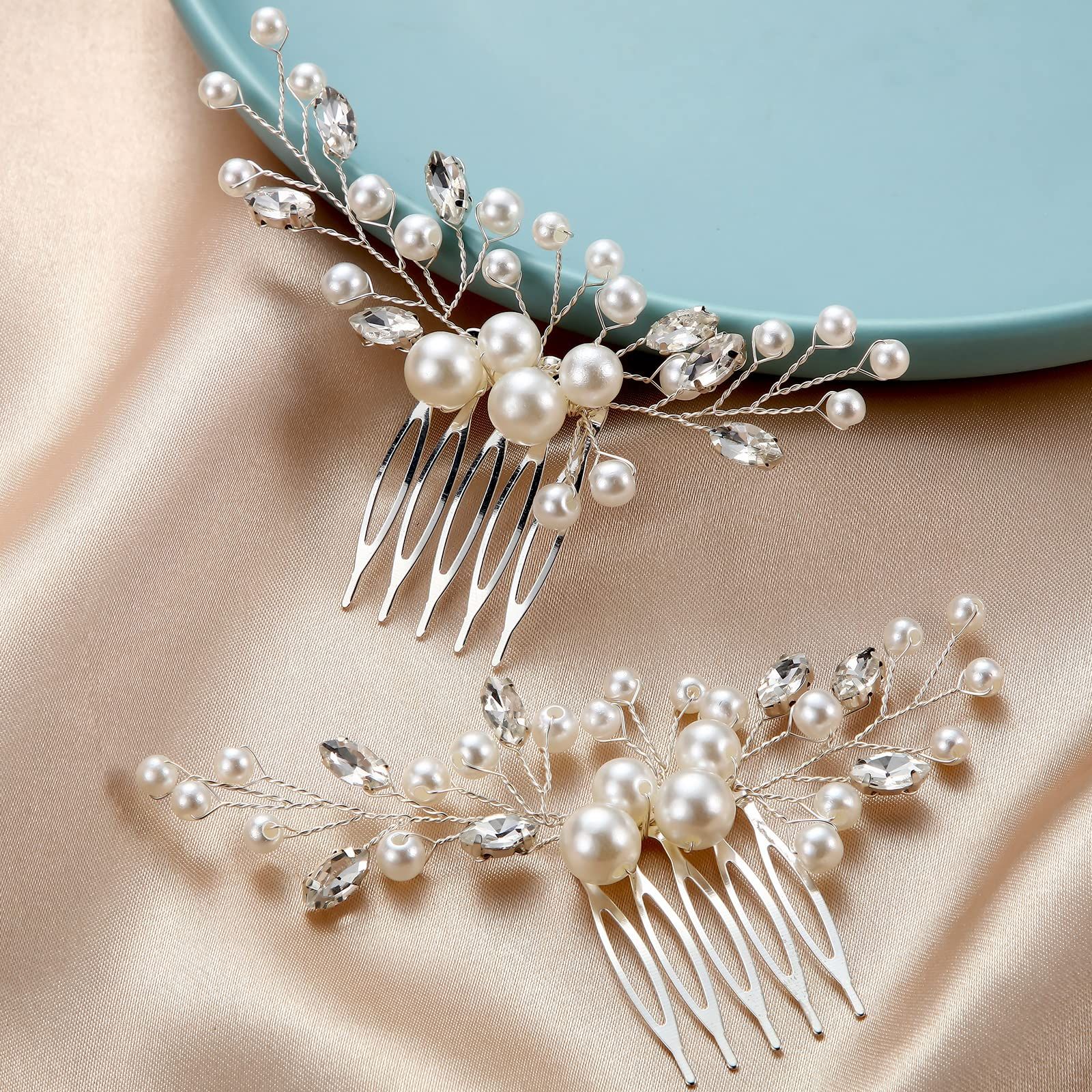 2 Pieces Wedding Pearl Hair Comb Bride Pearl Crystal Headpiece Flower Side view 5