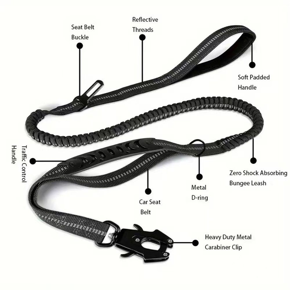 Dog Leash Heavy Duty, Shock Absorbing Bungee Lead with 2 Padded Handle, Metal view 2