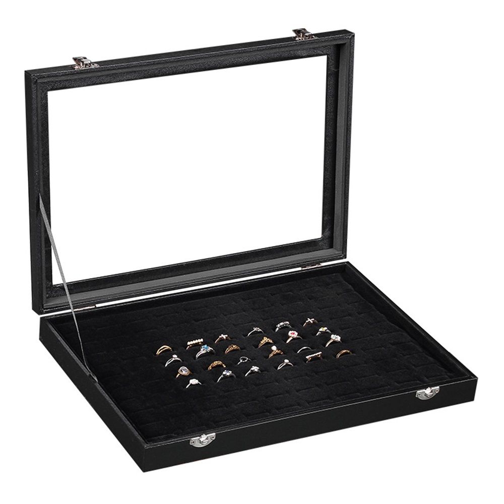 100 Slot Ring Holder Display Case - Black Jewelry Organizer with Transparent Lid