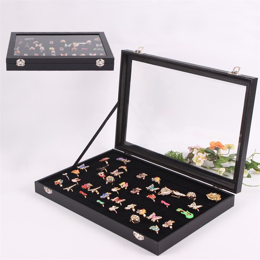 100 Slot Ring Holder Display Case - Black Jewelry Organizer with Transparent Lid view 3