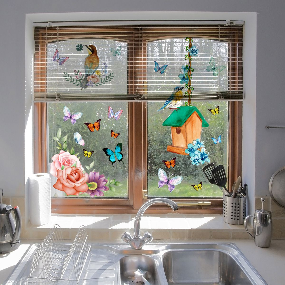 Spring Hummingbird Window Decals Reusable Thicken Anti-Collision Double-Side view 4