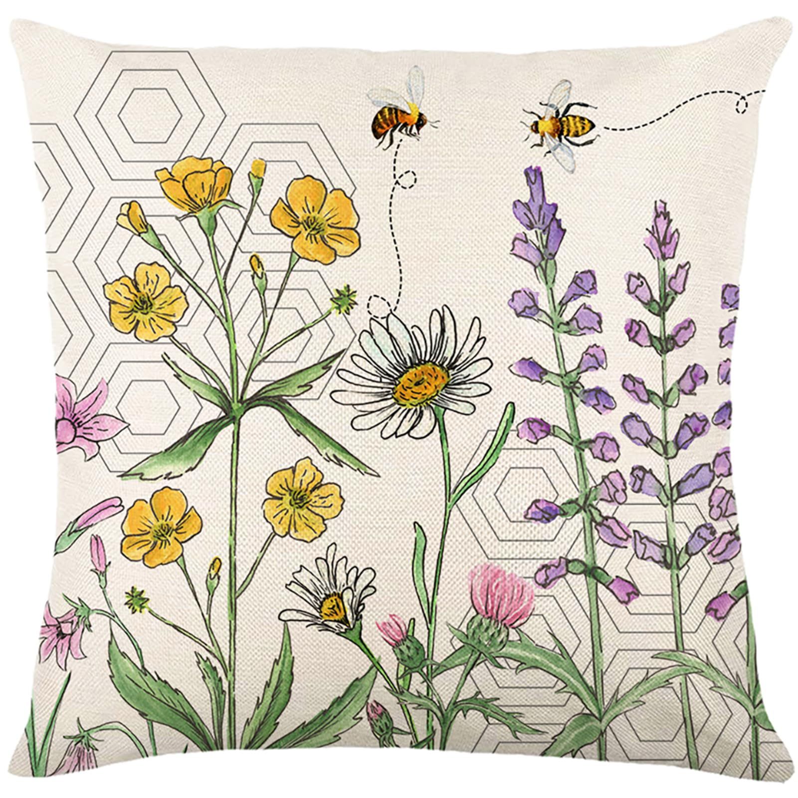 Floral Pillow Covers 18x18 inch Set of 4 Yellow Bee Honey Pillow Cases Spring view 3