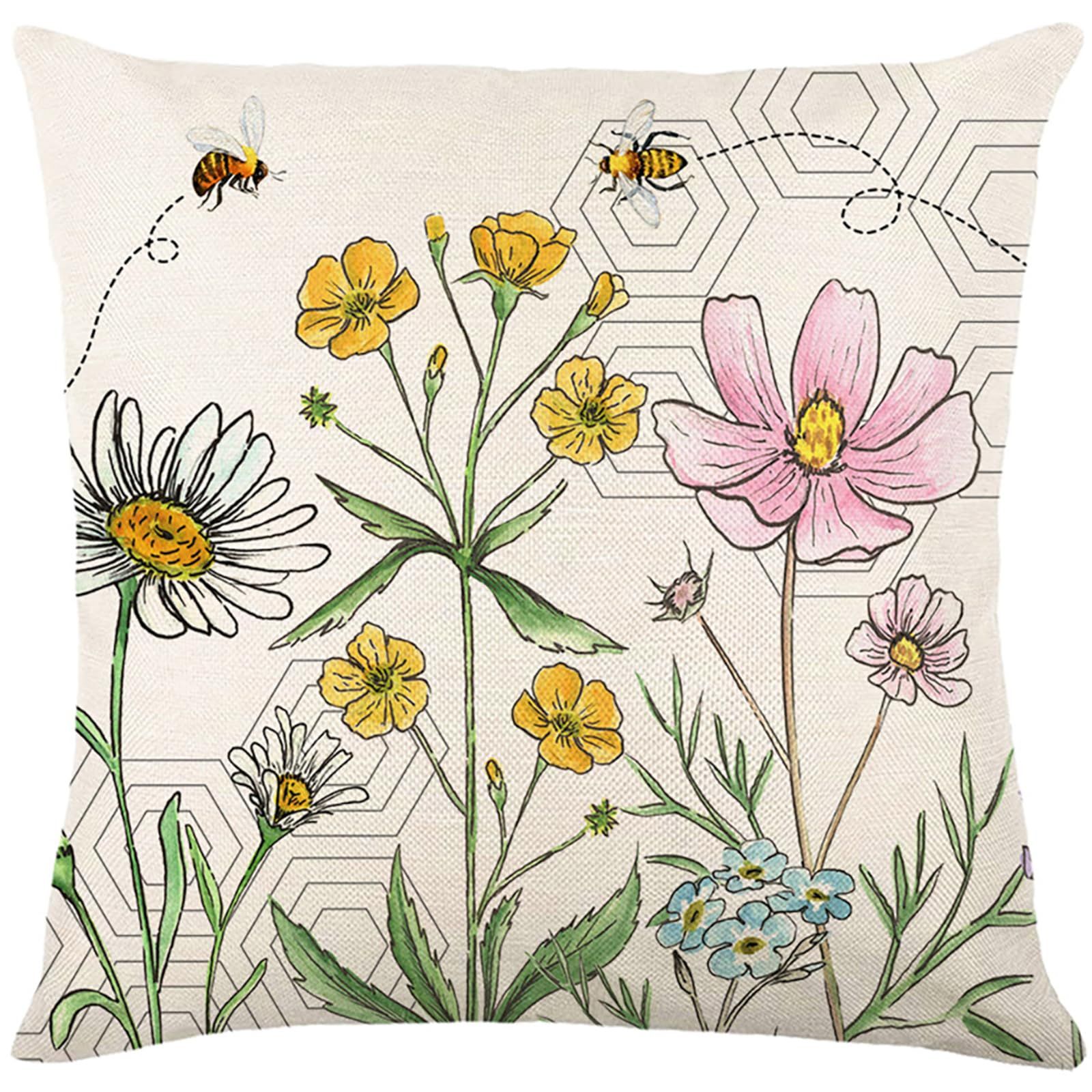 Floral Pillow Covers 18x18 inch Set of 4 Yellow Bee Honey Pillow Cases Spring view 5