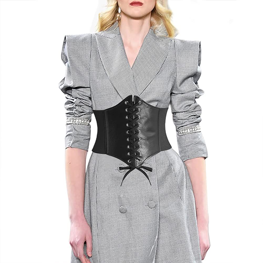 Black Belts for Women,Wide Elastic Tied Leather Waist Belt for Girls Dresses view 2