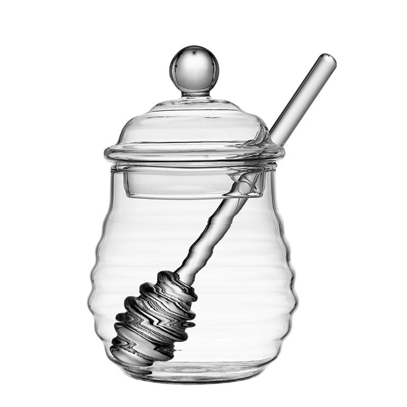Honey Jar with Dipper and Lid Glass - Heat-Resistant 10 oz Beehive Honey Pot
