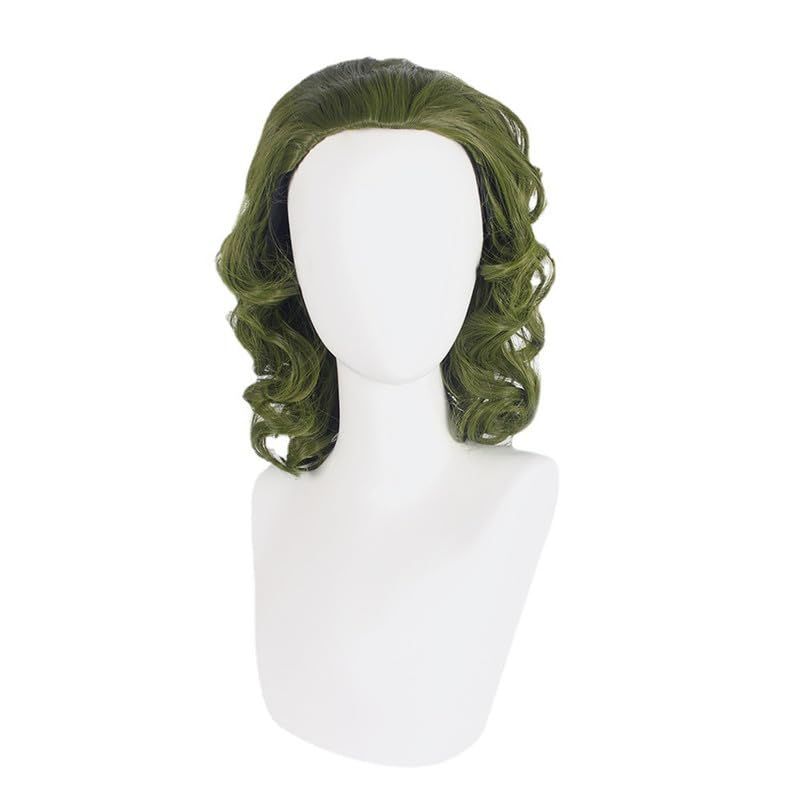 Green Wig Anime Short Wavy Wig Dark Green Anime Wig for Men Boys Synthetic