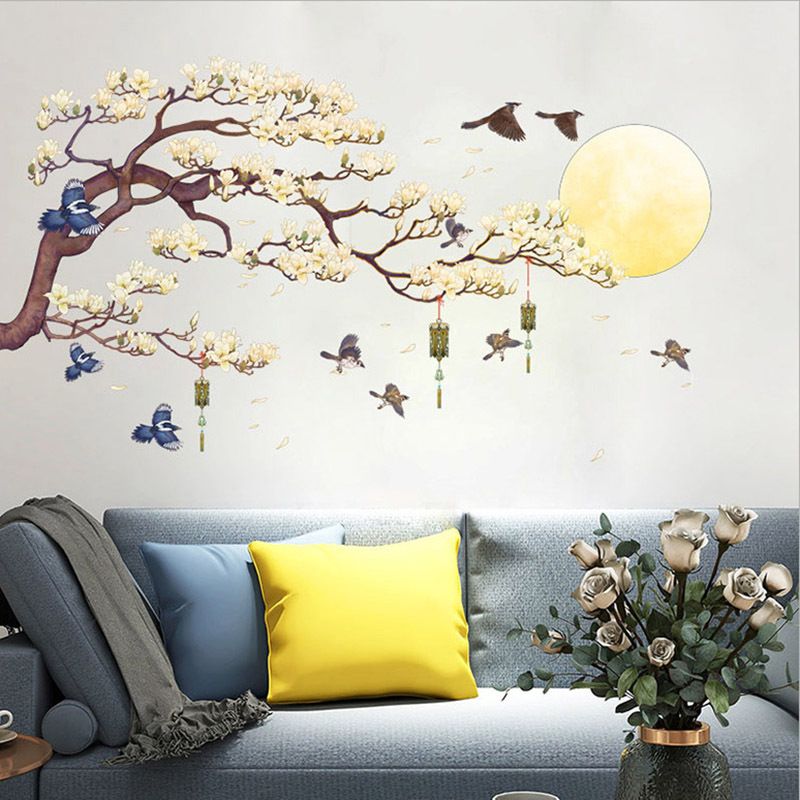 Tree Branches Flying Birds Wall Stickers Peel and Stick Flowers Moon Wall view 2