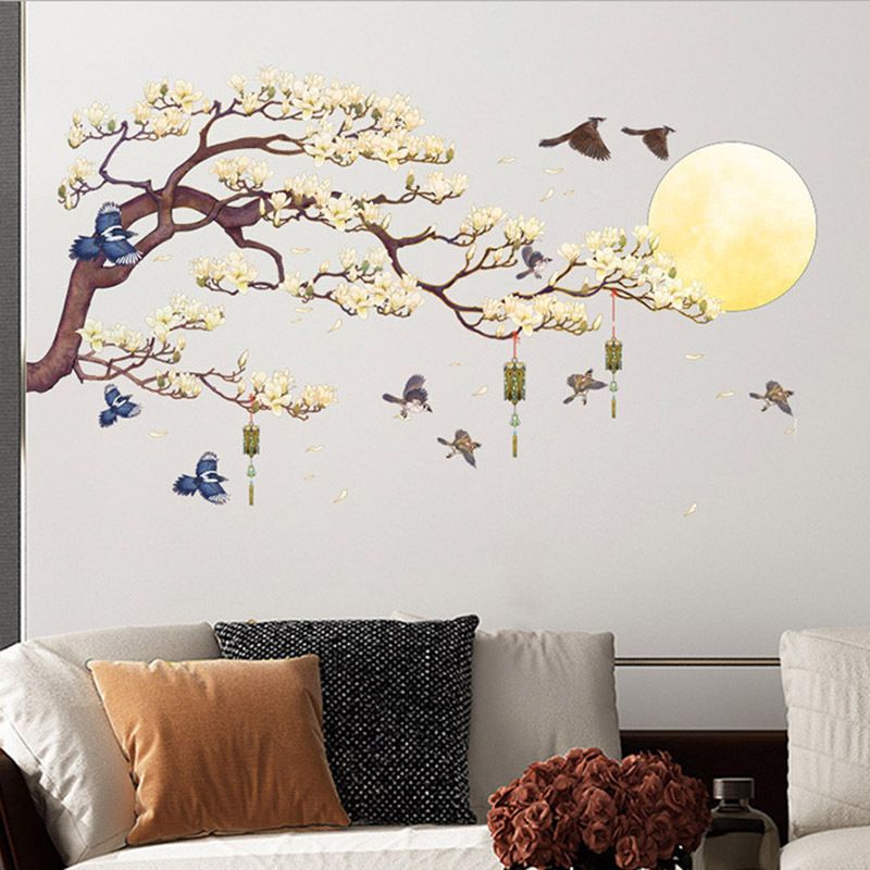 Tree Branches Flying Birds Wall Stickers Peel and Stick Flowers Moon Wall view 3