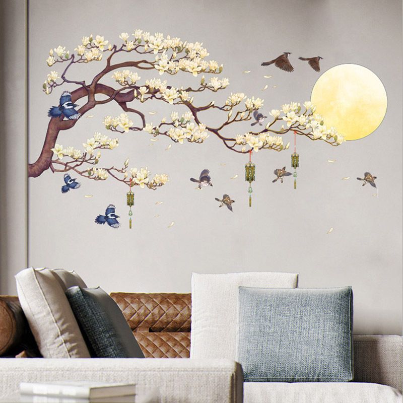 Tree Branches Flying Birds Wall Stickers Peel and Stick Flowers Moon Wall view 5
