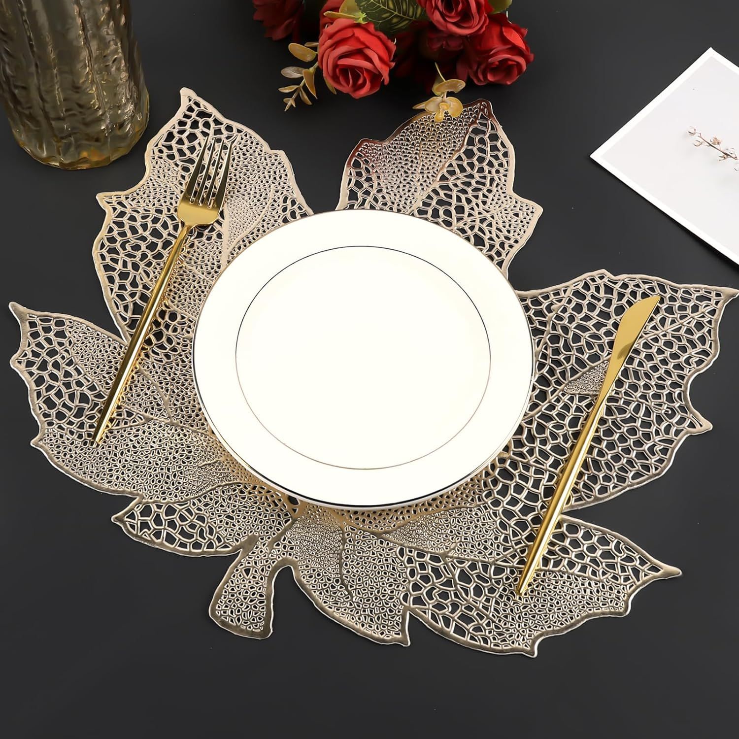 Placemats Set of 2, Vinyl Table Mats Hollowed-Out Leaf Place Mats Dinner Table view 5