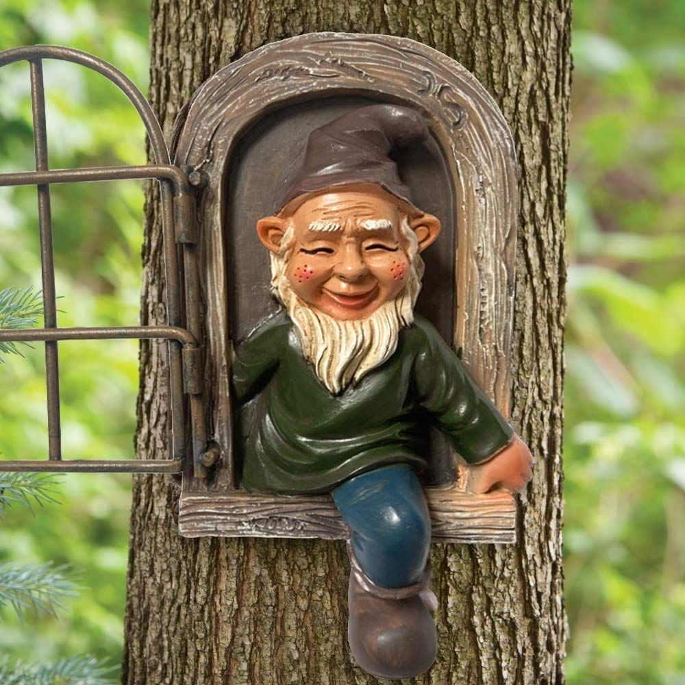 Garden Gnome Statue, Elf Out The Door Tree Hugger, Funny Garden Tree view 2