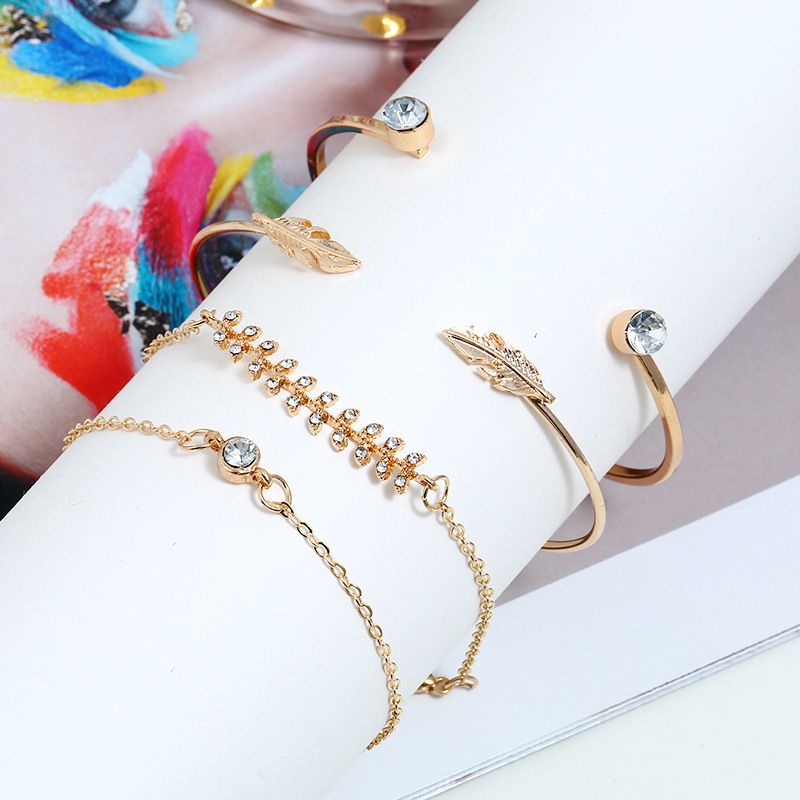 Boho Stackable Bracelet Set Gold Rhinestone Open Cuff Bangle Bracelet Leaf view 3
