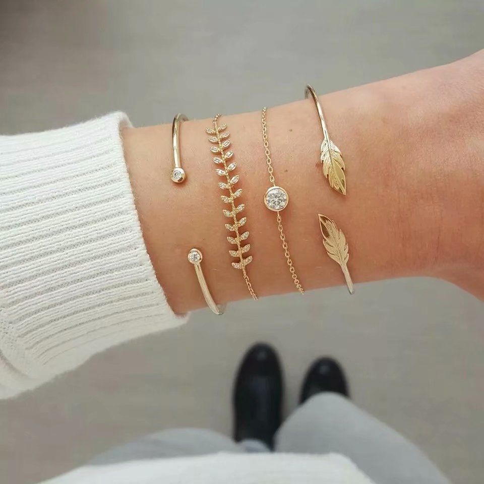 Boho Stackable Bracelet Set Gold Rhinestone Open Cuff Bangle Bracelet Leaf view 5