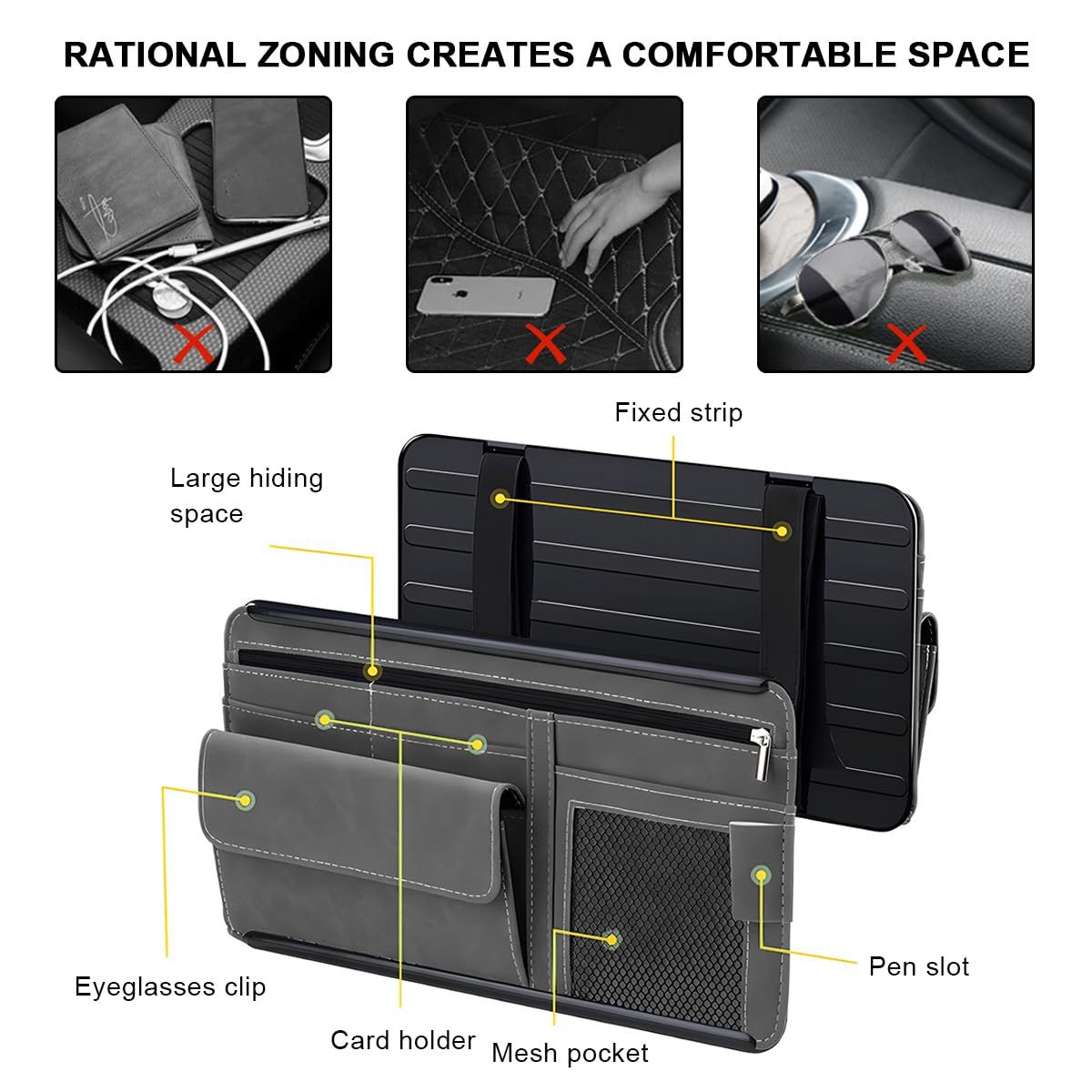 Car Sun Visor Organizer, Soft Leather Surface Eyeglasses Note Card Holder Car view 2