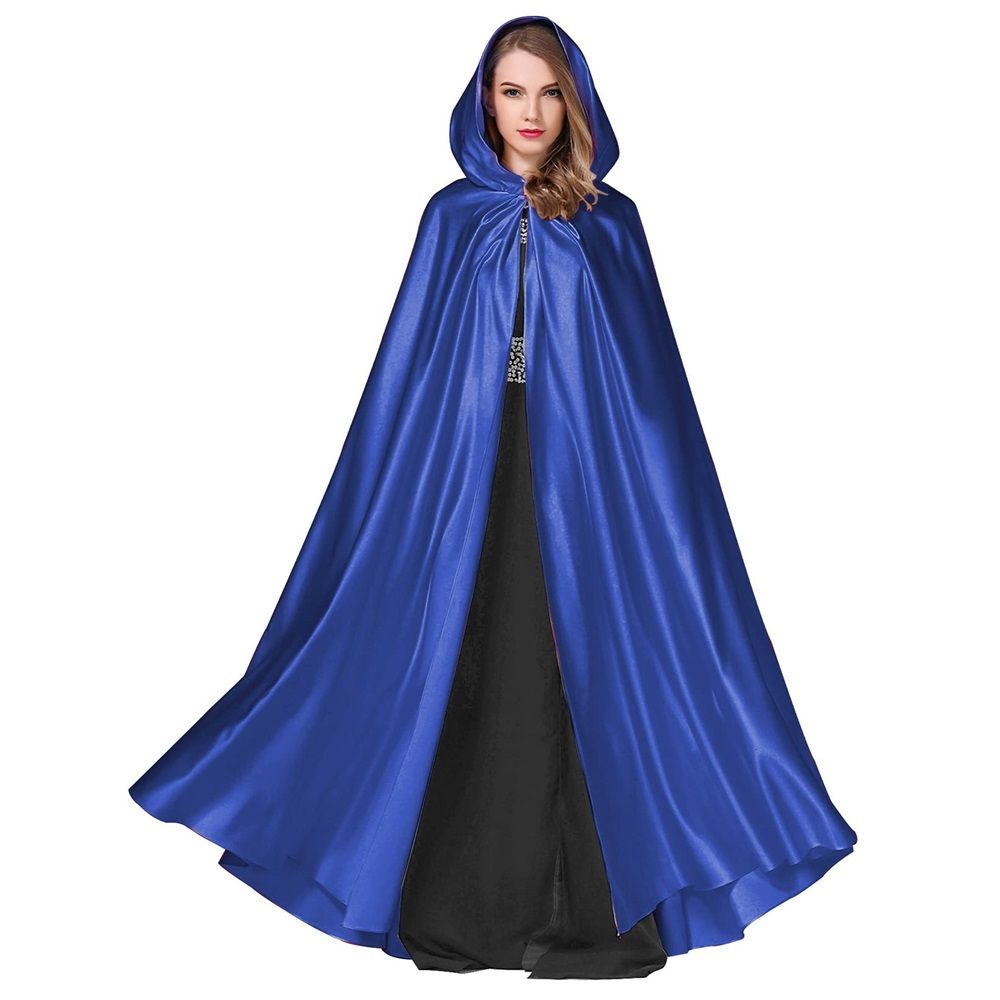 Women's Wedding Hooded Cape Bridal Cloak Poncho Full Length （170）blue Satin view 4