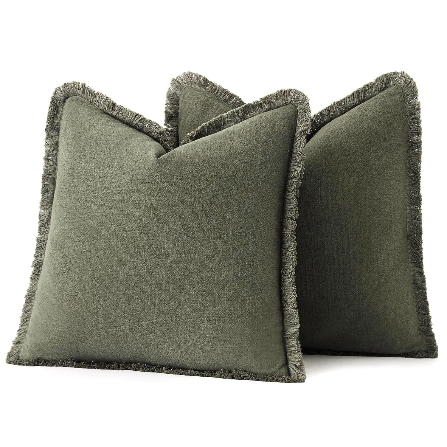 Set of 2 Decorative Linen Fringe Throw Pillow Covers Cozy Boho Farmhouse