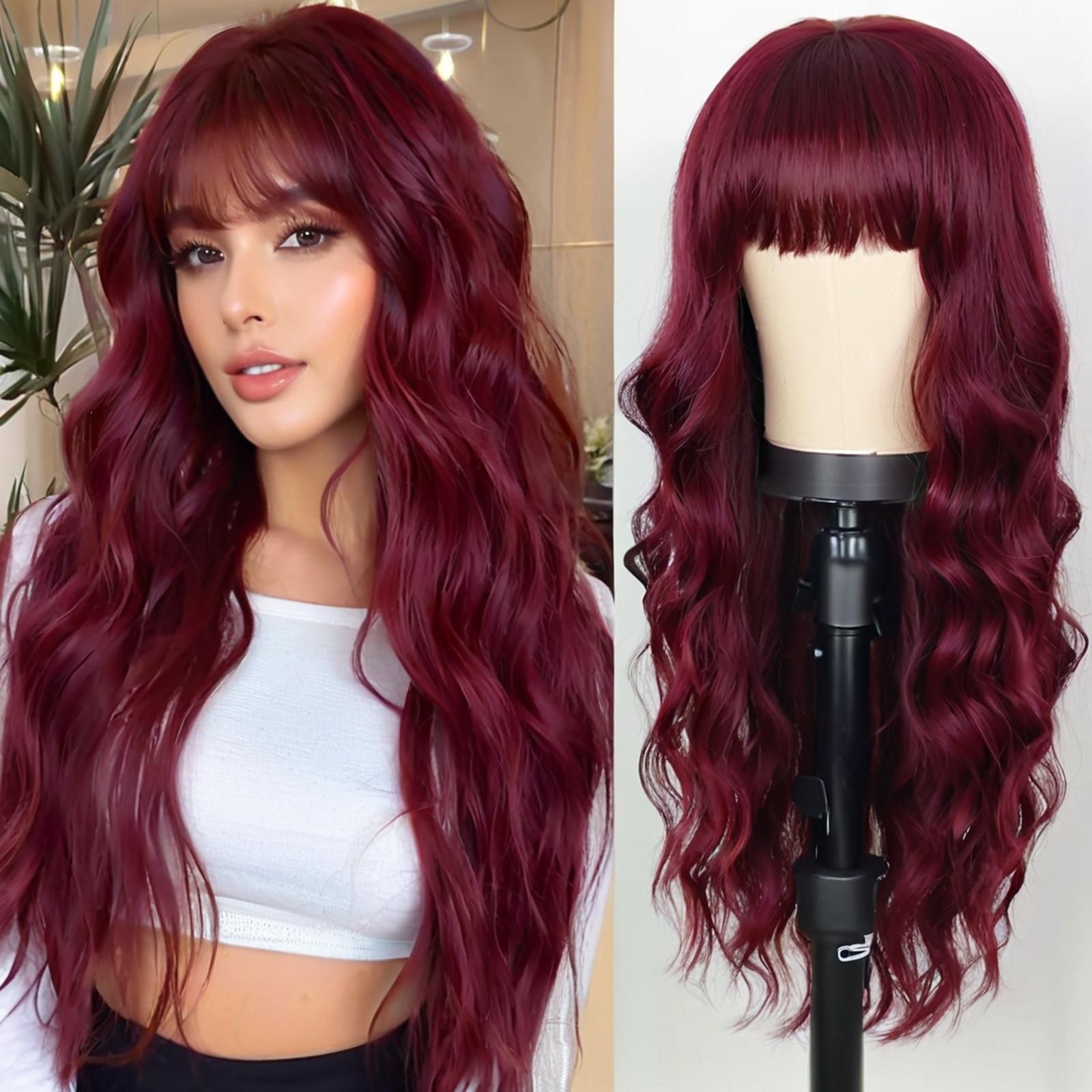 Red Wig With Bangs Long Red Wigs for Women 26 Inches Curly Wavy Hair Natural