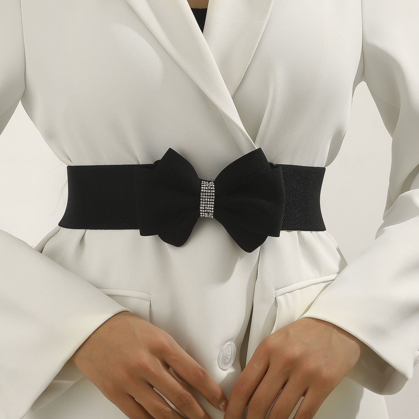 Women's Rhinestone Bow Elastic Wide Belts Stretchy Waist Buckle Belt Women's view 2