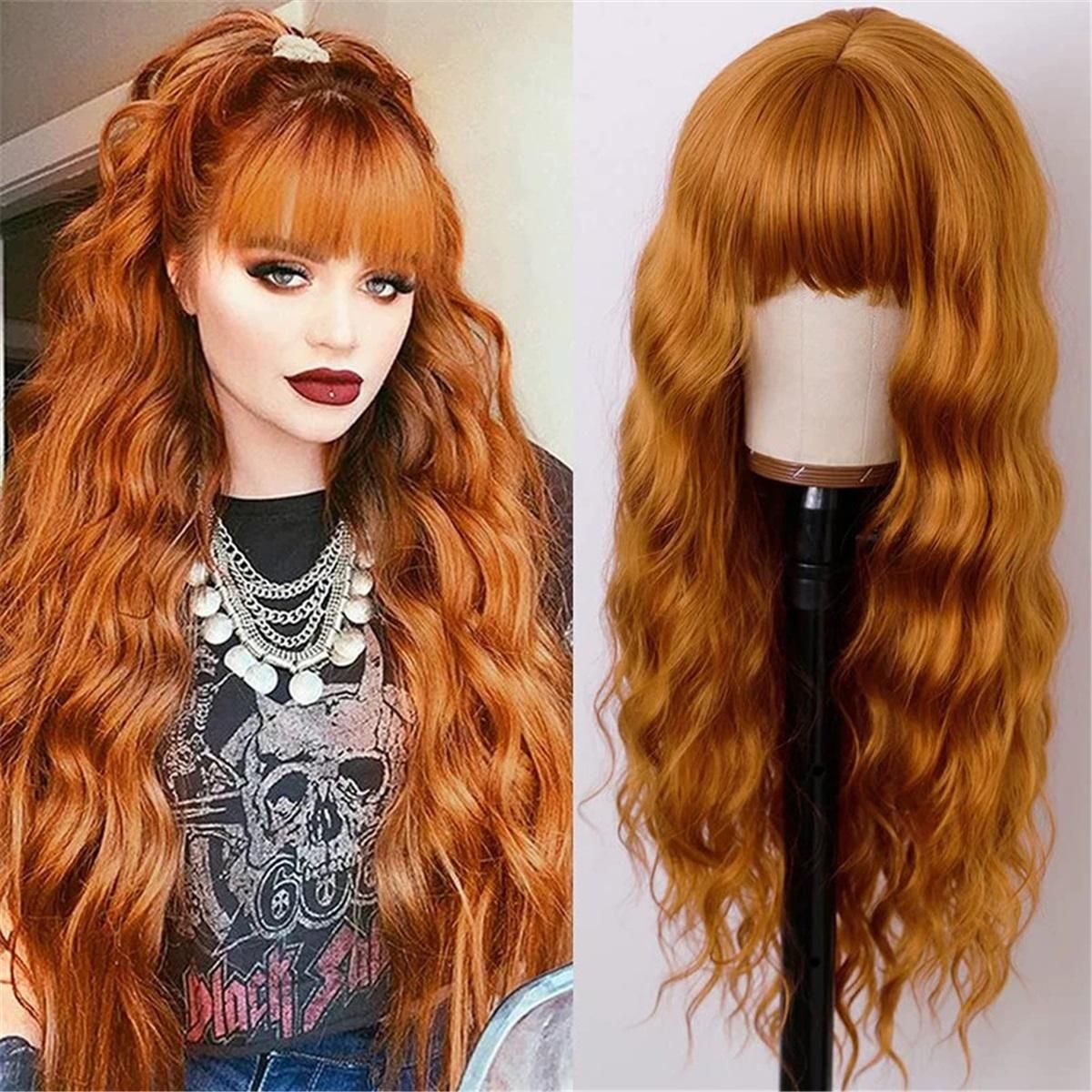 Long Orange Wig with Bangs view 2