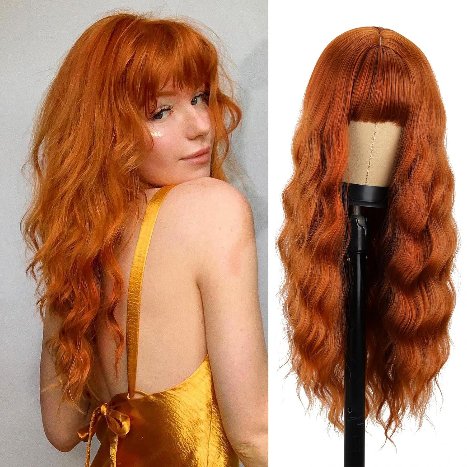Long Orange Wig with Bangs view 3