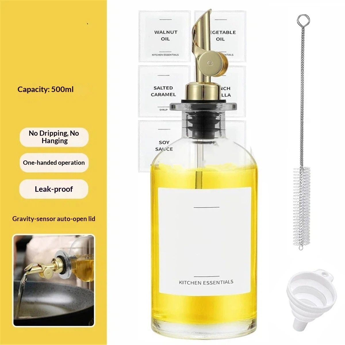 Olive Oil Dispenser Bottle - Includes Kitchen Essential Labels - Cooking Oil
