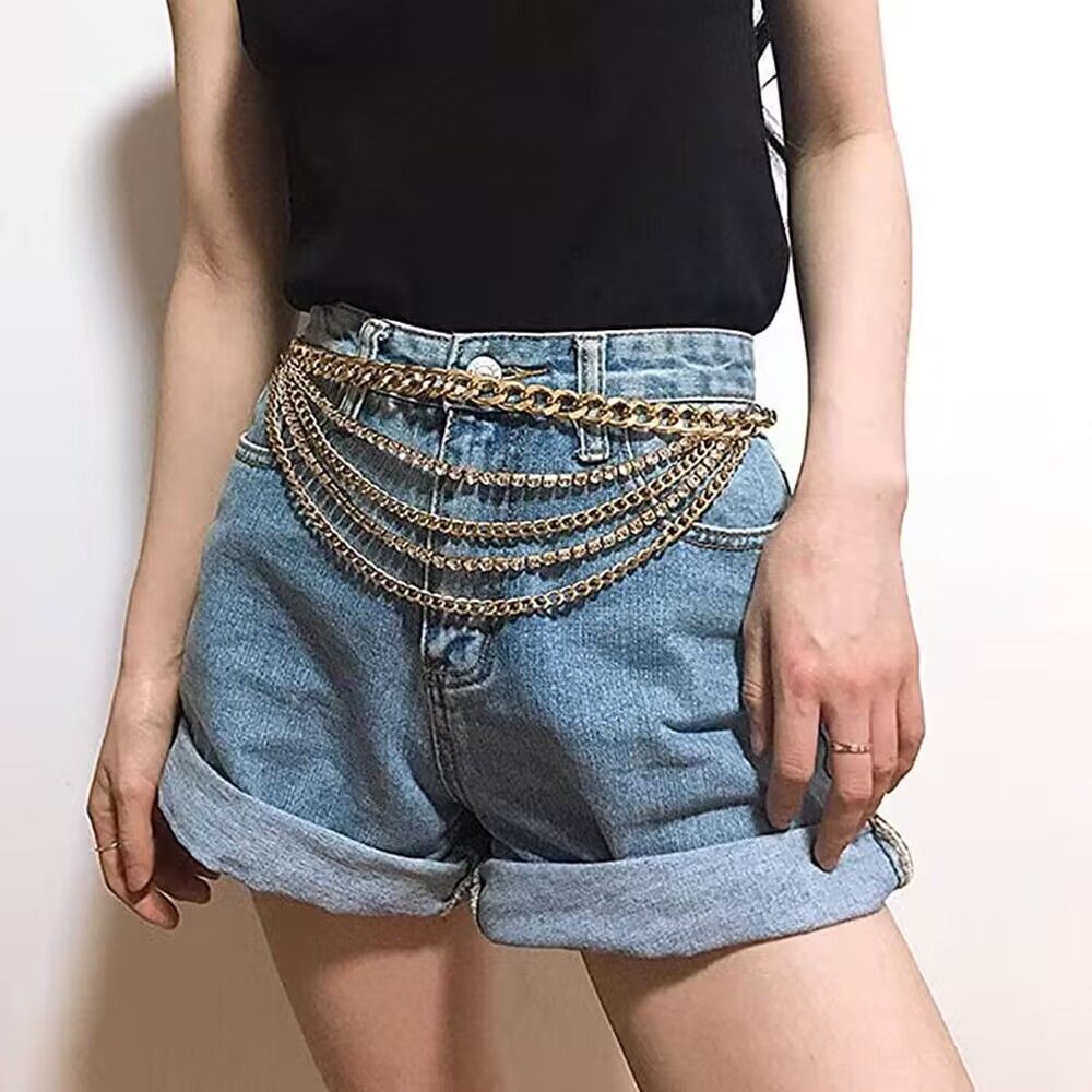 Multilayer Chain Belt Rhinestone Metal Chain Belts for Women Punk Gold Waist view 2