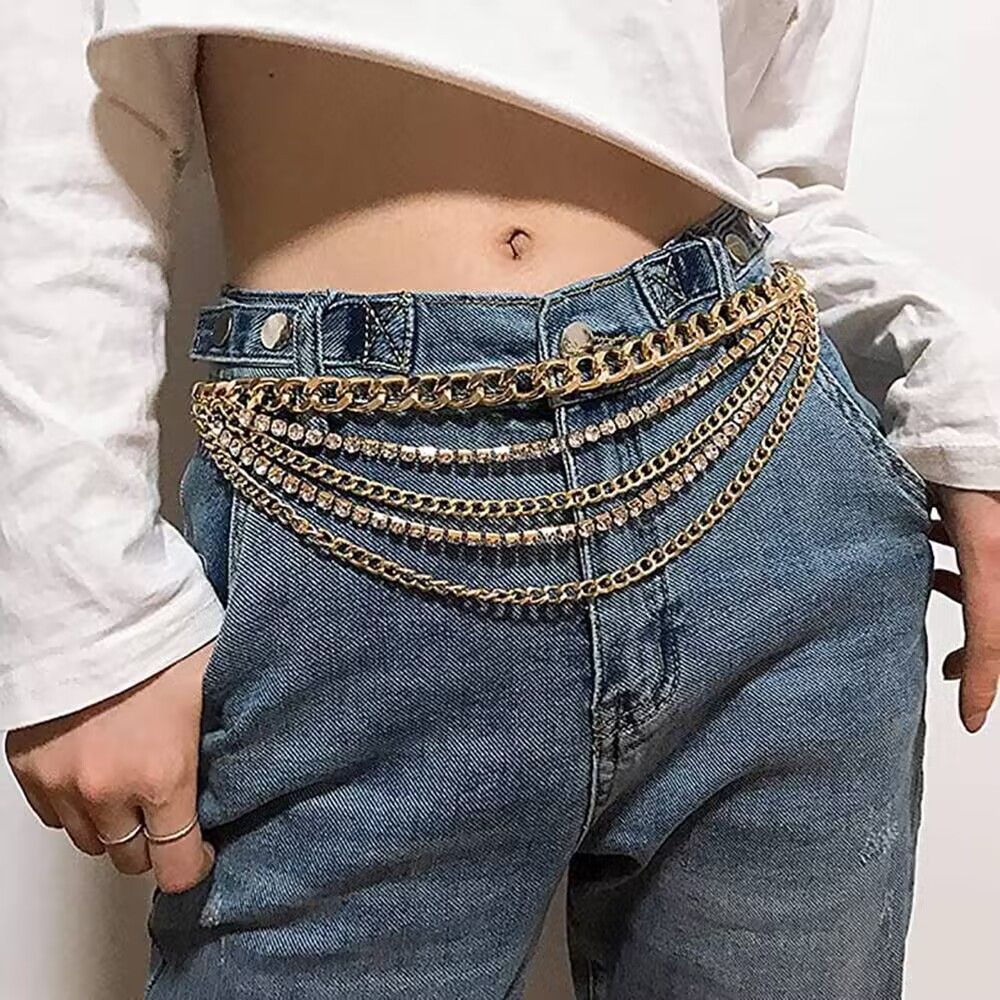 Multilayer Chain Belt Rhinestone Metal Chain Belts for Women Punk Gold Waist view 5