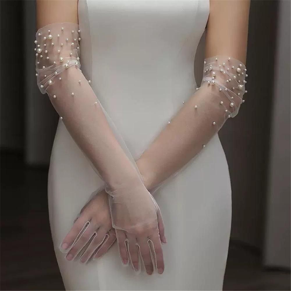 Long Pearl Wedding Gloves Tulle Bridal Gloves Sheer Long Bridal Sleeves Opera view 2