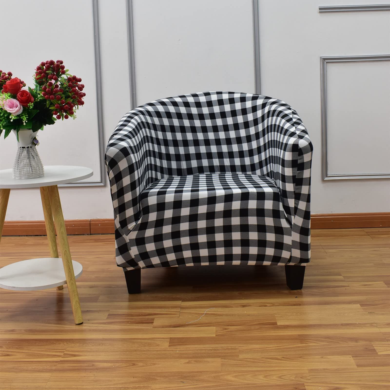 1 Piece Stretch Black/White Barrel Chair Slipcovers with Arms view 2