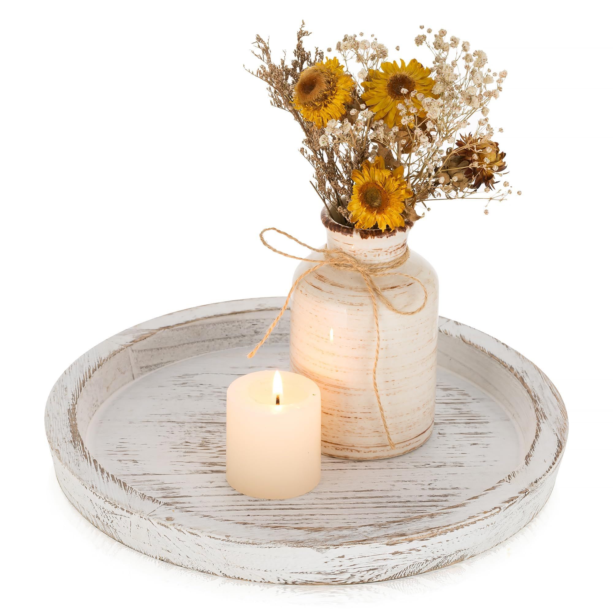 Rustic Wooden Tray Candle Holder - Round Wood Decorative Pillar Candle Tray view 3