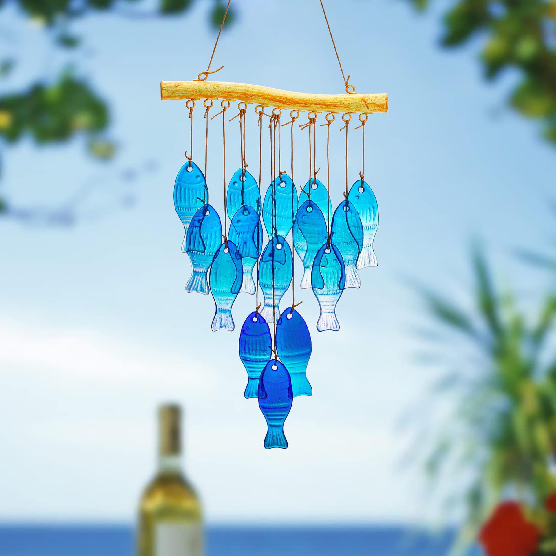 23" Blue Glass Sea Wind Chimes - Handcrafted Fish Wind Chimes for Outside view 2